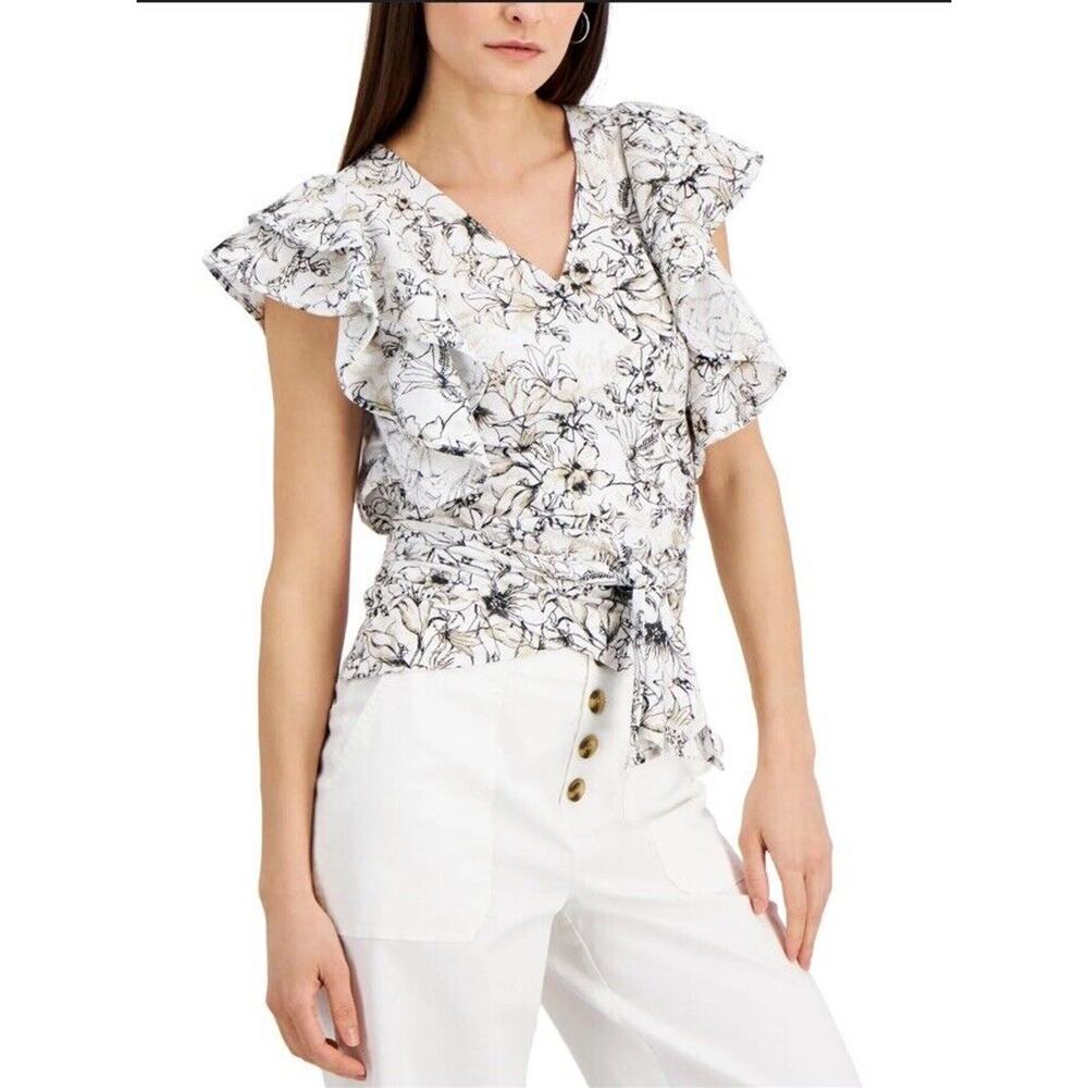 INC Women's Cotton Floral Printed V-Neck Top Ruched Sleeves Tie‎ Waist Size XS